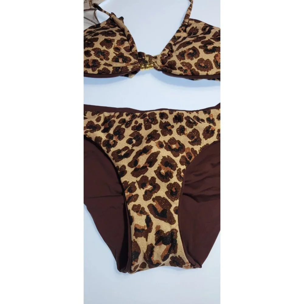 Becca by Rebecca Virtue Triangle Top Bikini Set Reversible Leopard Size Medium - Picture 4 of 12